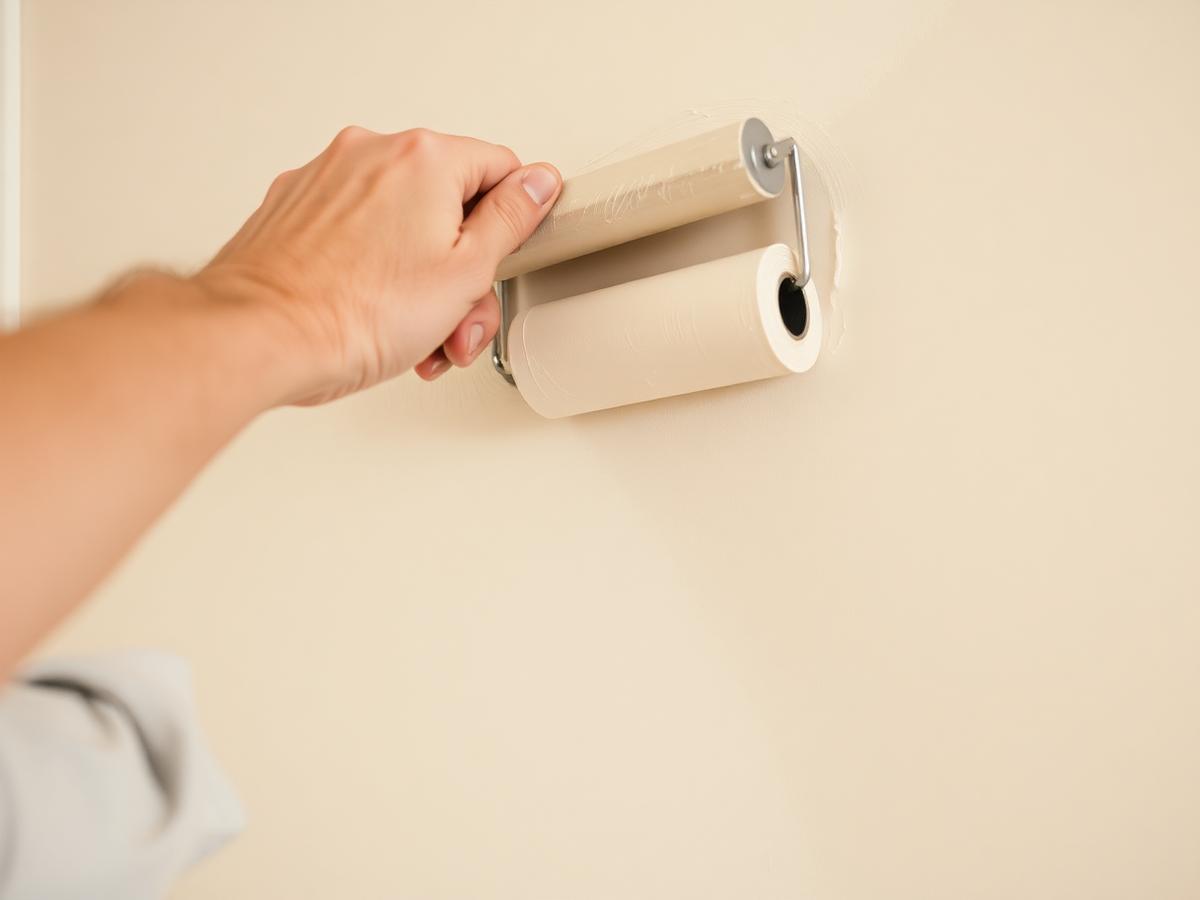Hand rollt warmweiße Farbe auf eine glatte Innenwand