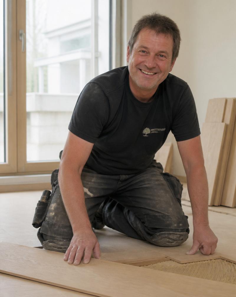 Bodenlegermeister Hermann kniet lächelnd auf einer frisch verlegten Eichendiele
