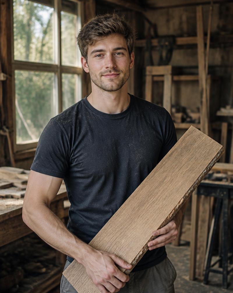 Parkettleger Lukas hält in der Werkstatt eine rohe Eichendiele
