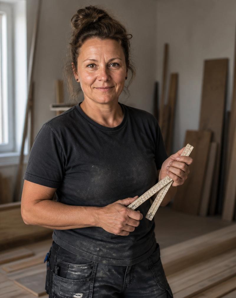 Andrea steht mit einem Zollstock in der Werkstatt